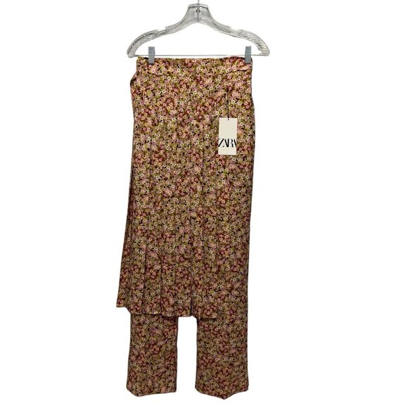 Zara Floral Pleated Skirt Pants Floral Print Wide Leg Multicolor High Waist Sz M - Picture 1 of 12